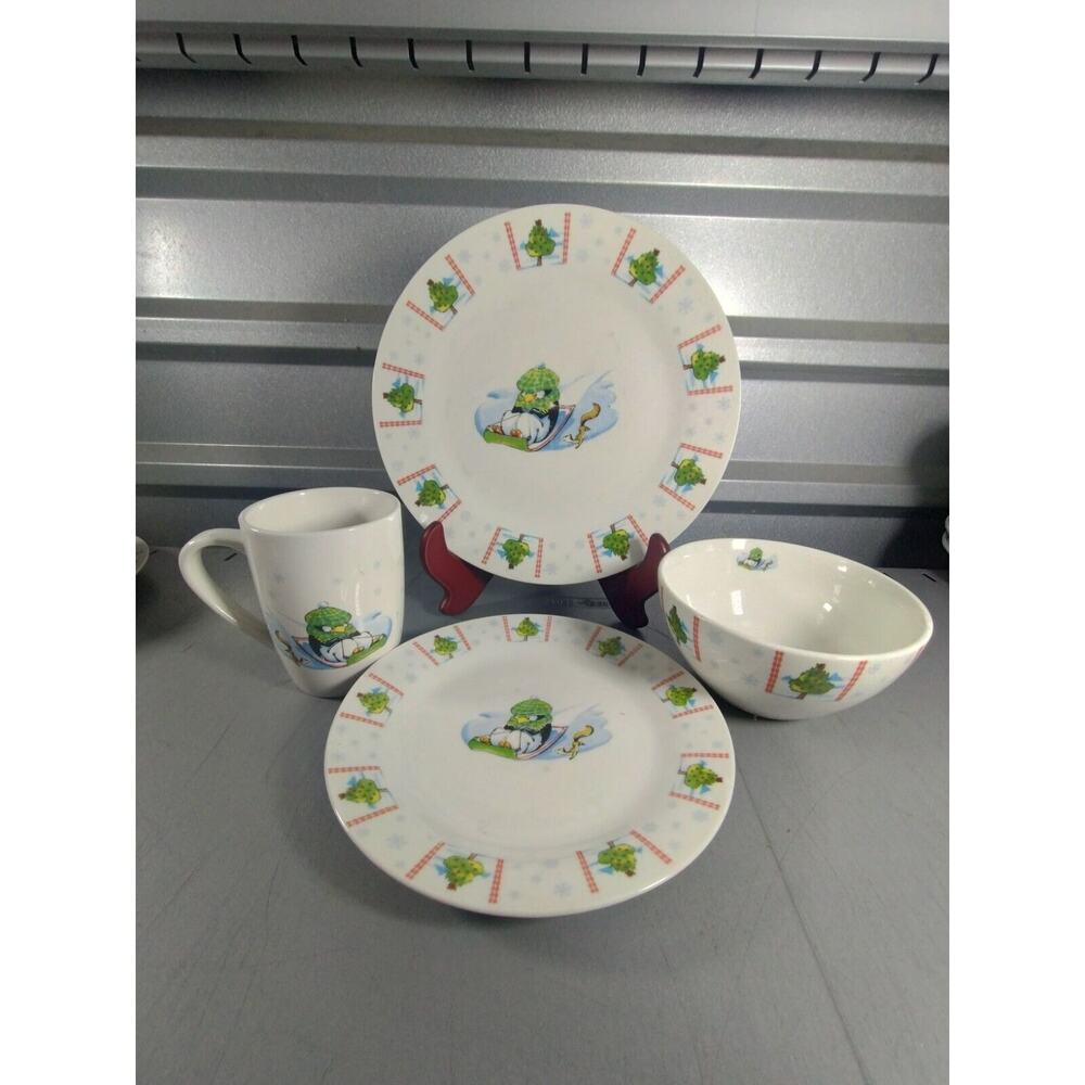 Christmas Penguin Mulberry Home Sledding Mug Dinner & Salad Plate, Cereal Bowl